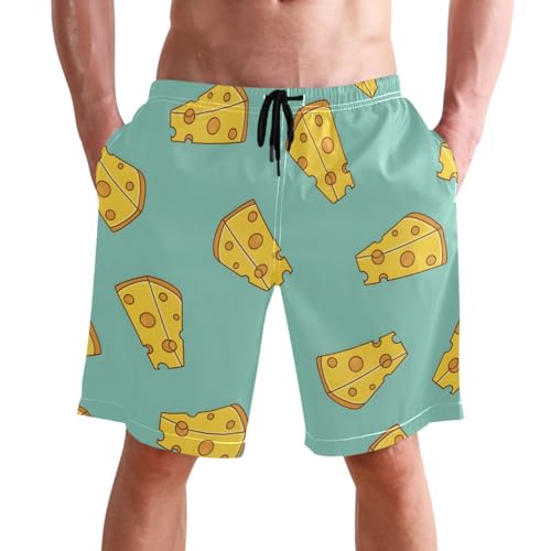 Men's Swim Trunks Quick Dry Swimming Shorts with Pocket Cheese Slices on Light Blue Swimsuit Trunks