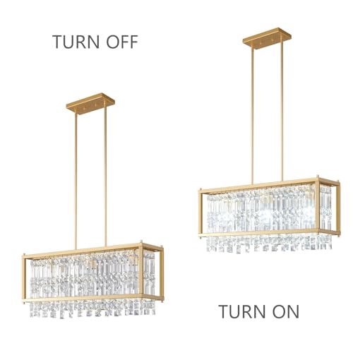 Image of LMQNINE Modern Rectangle Chandelier for Dining Room, Gold Crystal Chandelier Linear Light Fixture, Farmhouse Chandeliers for Kitchen Island, Bar Table, L25.98'' x W9.84'' x H8.66''