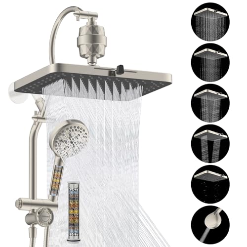 Hibbent 5-spray Dual Filtered Rainfall Shower Head Combo, High Pressure 13'' Showerhead with 10 Spray Mode Handheld, Easy Reach 4-way Diverter Arm with Pause Mode, 71'' Hose & Holder, Brushe
