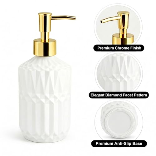 Image of Luxe Home International Geometric Texture Pattern Glass Soap Dispenser for Bathroom and Kitchen Sink Leak Proof Liquid Hand Wash Round Bottle Lightweight Smooth Finish (19x7.5 cm White) Pack of 1
