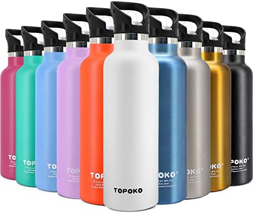 TOPOKO 25 OZ Double Wall Stainless Steel Water Bottle, Straw Lid with Handle, Vacuum Insulated, Sweat Proof, Leak Proof Travel Mug Sports Bottle, Keep Warm or Cold Up to 24 Hours. (White)