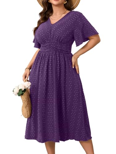 Image of RWJ Women's Plus Size Maxi Dress V Neck Short Sleeve Swiss Dot A Line High Waist Boho Swing Casual Summer Dresses