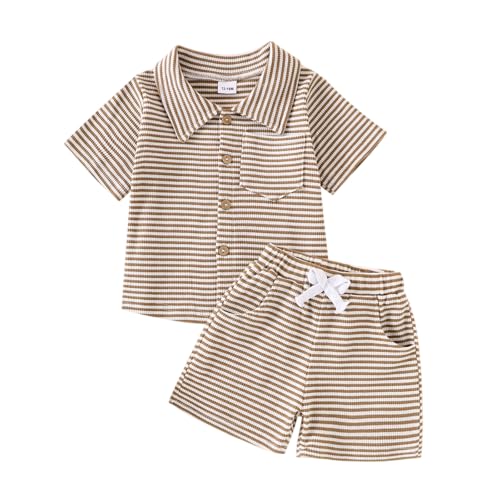 Aenbilo Boy Clothes 12-18 Months Summer Outfit Striped Shirt Shorts Brown