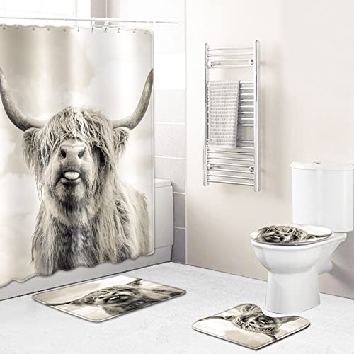 Duschvorhang Tierrinder Badezimmerteppich 4-Teiliges Set, Duschvorhang 180x180 Polyester+Badematte rutschfeste(45x75)+U…