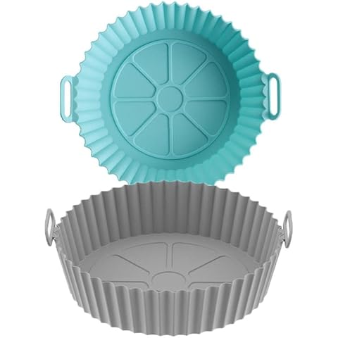 MEKY Air Fryer Silicone Baking Tray, 7.5'' Air Fryer Silicone Pot, Air Fryer Silicone Liners Food Safe, Reusable Non-Stick Air Fryer Silicone Basket, Food Grade Silicone BPA Free (Thicken GreyBlue) Cover