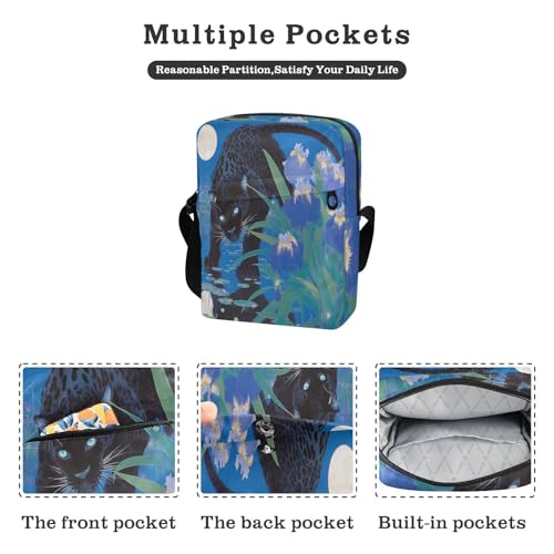 Chic Black Leopard with Blue Irises crossbody messenger bag shoulder bag crossbody Handbag For Travel Adjustable Strap for Outdoor Daily Outdoor Daily2