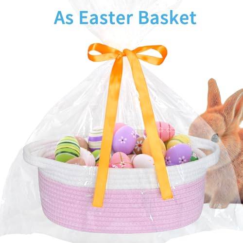 Image of Empty Gift Basket with Gift Bag & Ribbon, Woven Rope Basket, 12x8x5