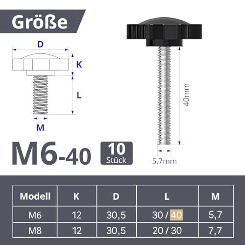 ORTAVA 10 Stück Sterngriffschraube, Schrauben mit Griff M6x40mm, Rändelschraube, Sternkopfschraube, Sterngriffmutter, Klemmknopf für Werkzeugmaschine, Maschine(Schwarz)