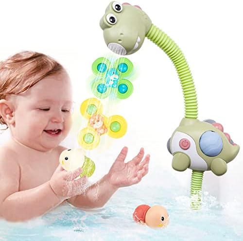 Baby Bath Toy with Shower Head, 2 Suction Spinner Toys Swimming Turtles Floating Wind Up Toys, Squeeze Ball Dinosaur Egg, Sprinkler Shower Faucet Water Pump Bathtub Toy for Boys Girls Summer Essential