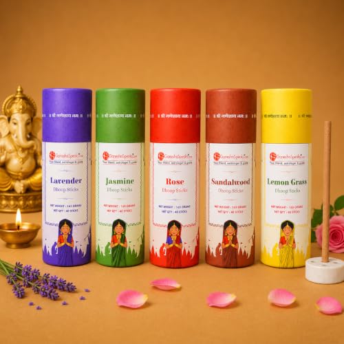 Image of GaneshaSpeaks Bambooless Dhoop Sticks with Jasmine, Lavender, Sandalwood, Lemongrass & Rose Fragrance | 40 Sticks Each Box(Pack of 5) | Burn Time: 45 Mins | Free Ceramic Stand