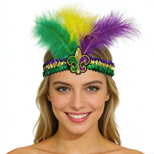 ZCYYYS Mardi Gras Headband Faux Feather Elastic Sequin Glitter Hair Band for Adult Women Men Mardi Gras Headwear Purple Yellow Green Hair Accessories TSFD71 (Colorful-1)