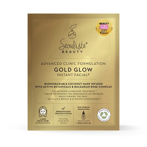 Seoulista Beauty Advanced Clinic Formulation Gold Glow Instant Facial – Anti-Ageing Face Mask —With Bulgarian Rose Oil, Vitamin C, Niacinamide — Dermatologist Created — Globally Award Winning