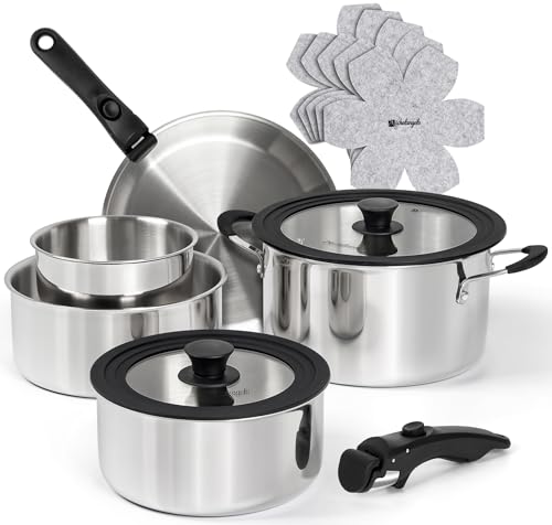 Michelangelo 14pcs Tri-Ply Stainless Steel Cookware Set with Detachable Handle, Induction Kitchen Cookware Set, Oven Safe Pots and Pans, Stackable RV/Camping Cookware
