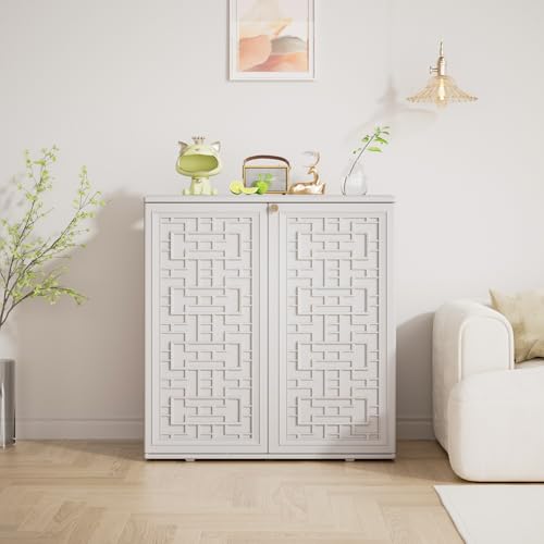 Mrosaa Indoor Outdoor Storage Cabinet Waterproof with Shelf, Off White Plastic Outdoor Cabinets for Patio/Garden/Backyard, Size 34.3''L*15''W*36.2''H - Thumbnail 3