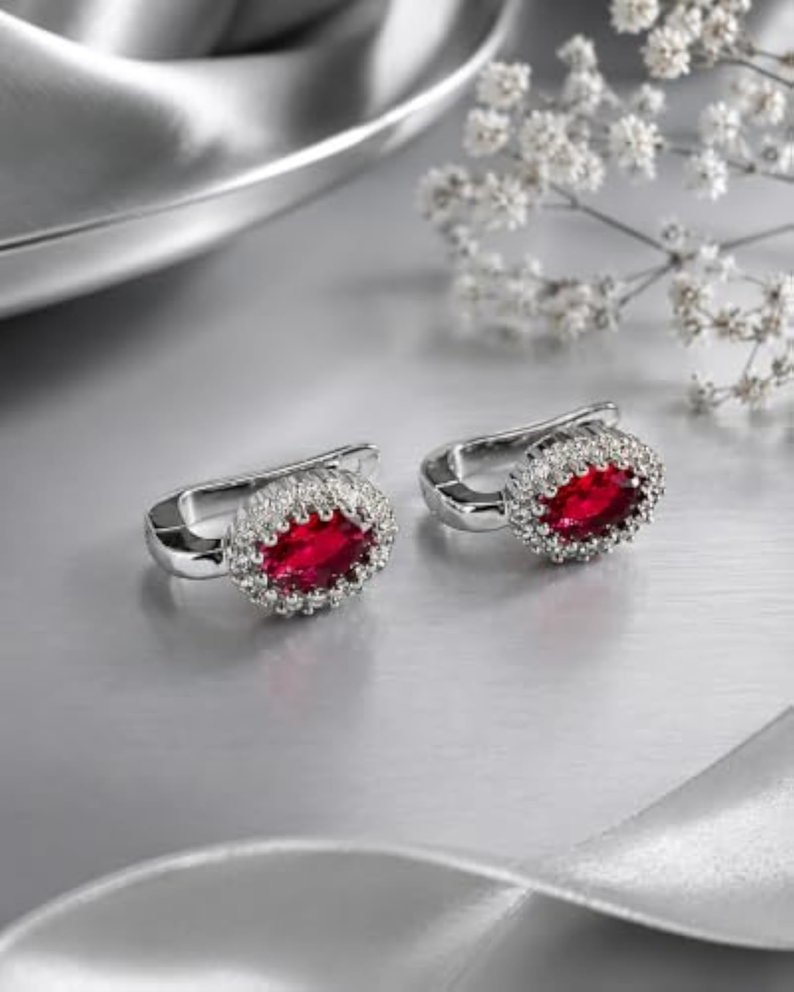 Women's 925 Sterling Silver Ruby Red Halo Leverback Earrings