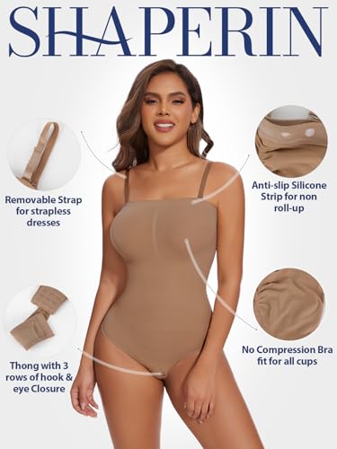 SHAPERIN Strapless Shapewear for Women Tummy Control Bodysuit Tube Tops Body Suit Thong Body Shaper Leotard Top Coffee S — view 2