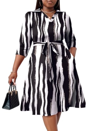 Image of FANDEE Plus Size Midi Dress for Women - Printing Summer Dresses for Wedding Guest Cocktail Party 3 /4 Sleeve V Neck(L-5XL)