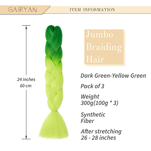 Gairyan Braiding Hair Extensions Ombre Jumbo Braids Synthetic Hair 3 Packs 24 inches 300g Coloured Hair for Braiding Extensions Box Braids Crochet Twist (Dark Green-Yellow Green) - Image 2