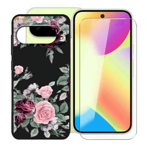 Coque Google Pixel 10 antichoc avec verre trempe housse silicone bumper fleurs roses
