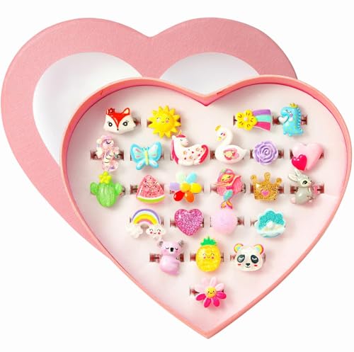 PinkSheep Little Girl Jewel Rings in Box, Adjustable, No Duplication, Girl Pretend Play and Dress Up Rings (24 Bling Ring)