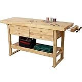 60 Inch Workbench with 4 Drawers & Storage Rack, Rubber Wood Top Work Table for Garage Workshop, Heavy Duty Woodworking Bench for Professionals & DIY, Reinforced Frame, 330 lbs Capacity, Natural