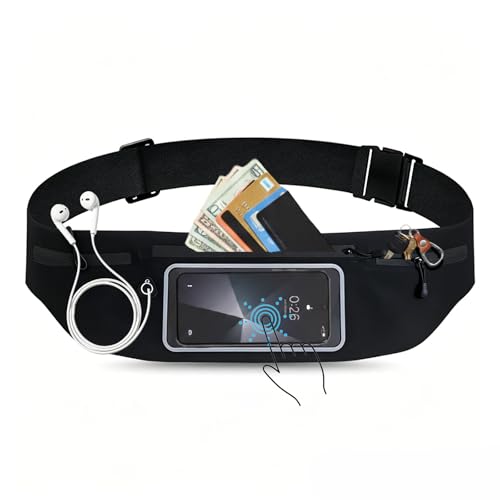 Slim Running Belt for Women Men, Touchscreen Window Runners Waist Fanny Pack with 3 Pockets for Phone Keys, Sweatproof Fitness Belt Pouch Bag for