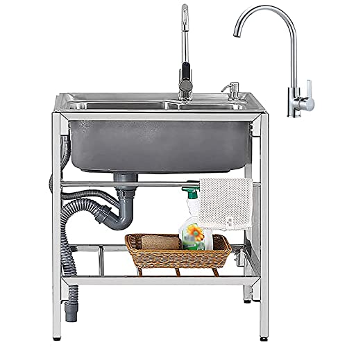 共用水槽ステンレスキッチン水槽独立式商業水槽、単碗間仕切りテーブル水槽、冷熱蛇口付き、屋外室内、車庫、洗濯室/雑物室に適している