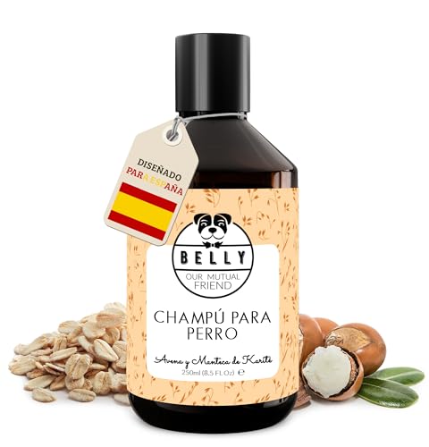 Belly® Champu Perros Piel Sensible - con Avena y Manteca de Karité - Calma el Picor y la Irritación - Hidrata la Piel y Suaviza el Pelo - 250ml - pH Equilibrado - Vegano - para Cachorros y Adultos