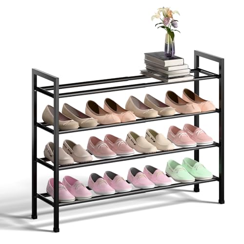 Bumusty 4-Tier Expandable Shoe Rack for Closet, 18“-33” Adjustable Shoe Rack for Small Space, Small Shoe Organizer for Front Door, Sturdy Metal, Black