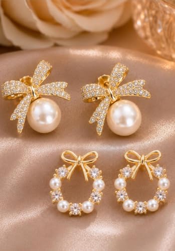 Image of Korean Style Fashion Earrings Set, Pearl and Crystal Bow Design, Women's Jewellery Accessories, 2 Pairs