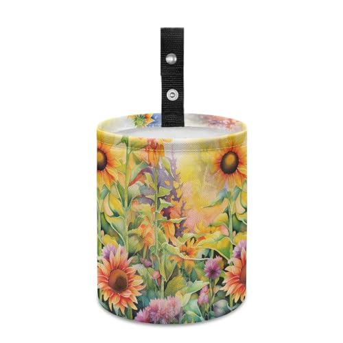 Image of Sunflower Car Trash Can Collapsible Hanging Portable Dustbin Bin Waste Basket Car Accessories Interior for Family Gatherings, Camping Small Trash Can