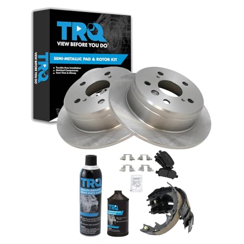 Image of TRQ Rear Brake Pad & Rotor Kit, with Chemical Kit Parking Brake Shoe Set Semi-Metallic Compatible with 2000-2001 Toyota Camry 1999-2003 Solara