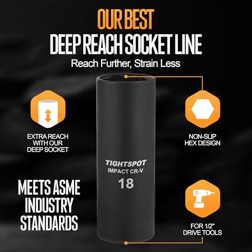 Image of TIGHTSPOT 3 /8 Inch Drive 18 mm Deep Impact Socket with Anti-Rounding 6 Point Design, Heat-Treated CRV Steel