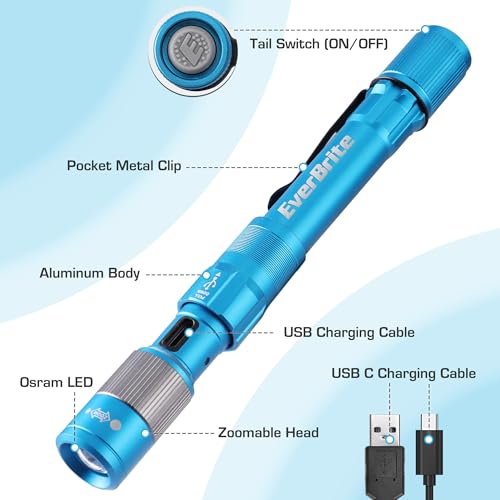Image of EverBrite Pen Light, Rechargeable Pen Flashlights, 300 Lumens Zoomable LED Small Flashlight with Clip, Memory Function, USB-C Cable Included, Pocket Size for Camping, Emergency, Mechanic, Blue