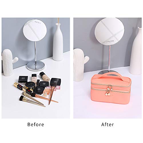 IN Multifunction Dual Compartment Portable Waterproof Cosmetic Bag Travel Makeup Case With Handle -Two Storage Compartments Space Fits ALL Your Makeup and Lipstick Train Case for Womens…