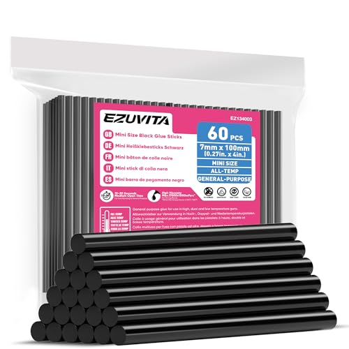 EZUVITA Mini Size Hot Glue Sticks 0.27 Dia x 4 Long 60-Pack Black Hot Melt Glue Gun Sticks for All-Temp Mini Glue Guns Multipurpose for DIY Art Craft General Repairs Festival Decorations