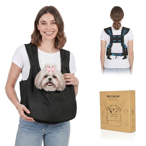 Supet Dog Sling Carrier with Bottom Support for Small Dogs, Puppy Carrier Bag with Adjustable Padded Straps Reducing Back Neck Pain for Travel, Hiking,Camping Lightweight & Breathable(Deep Black S)