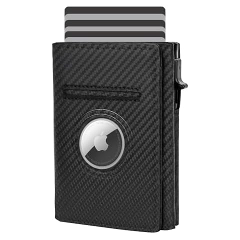Smart Men Wallet Front Pocket Card Holder for Apple AirTag:RFID Blocking, Pop Up Aluminum Card Case, 10-14 Card Capacity, IDWindow, Cash Slot, Minimalist, Slim, Trifold, Magnetic Closure, Carbon Fiber Cover