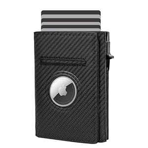 Smart Men Wallet Front Pocket Card Holder for Apple AirTag:RFID Blocking, Pop Up Aluminum Card Case, 10-14 Card Capacity, IDWindow, Cash Slot, Minimalist, Slim, Trifold, Magnetic Closure, Carbon Fiber