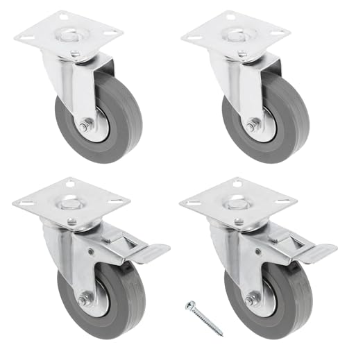 GTV - Lot de 4 roulettes pivotantes GREYROLL pour meubles, 2 roulettes avec frein, 2 sans frein, en acier et caoutchouc, + 16 vis PanHead 5 x 15/16, diamètre : 75 mm, couleur : gris