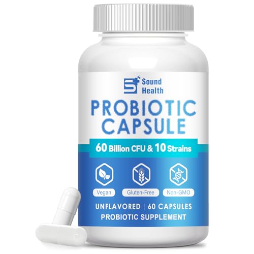 Sound Health Bloom 60 Billion CFU Probiotic Capsules with Prebiotics, 10 Strains Digestive Gut Support Probiotics Supplement for Adults Men Women, Vegan Non-GMO Gluten Free, 60 Capsules