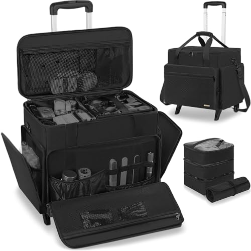 Estojo de maquiagem extragrande com 4 bolsas removíveis, bolsa de cosméticos profissional com rodas, bolsa de maquiagem de viagem para maquiadores, cabeleireiros, unhas com carrinho removível