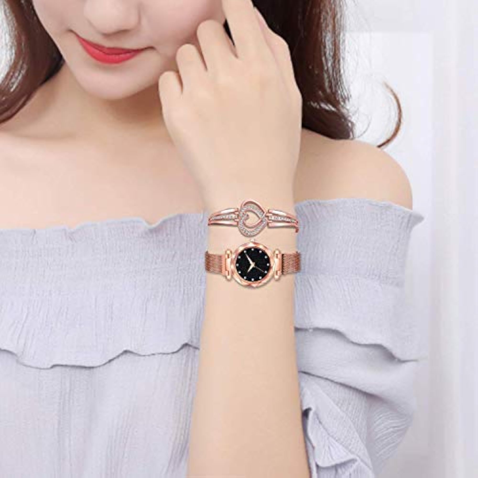 Women's Diamond Studded Black Dial Magnet Watch & Bracelet Gift Set
