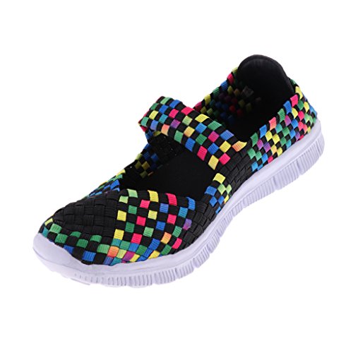 Homyl Tênis feminino casual respirável esportivo tecido sandálias elástico tênis para água - preto c
