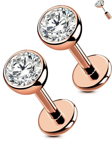 OUFER 2PCS Rose Gold Titanium Flat Back Threadless Stud Earrings, 16G/18G/20G Push Pin Piercing Jewelry – Multiple Post Lengths (5mm–12mm) & CZ Sizes (1.5mm–4mm) for Lobe, Helix, Tragus, Conch, Nose
