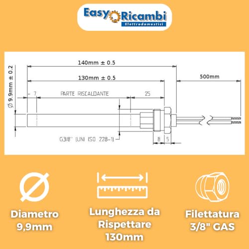 Easyricambi Resistencia de Encendido para Estufas de Pellet, Potencia 270 W Conexión 3/8, Diámetro 9,9 mm, Longitud de 130 mm hasta el Tope de Tuerca (Total 140 mm) - imagen 2