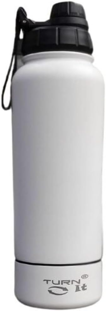 TURNIT® 32 oz Sports Stainless Steel Water Bottle with extra 8 oz Detachable Storage compartment for small items like protein powder, keys, vitamins or cash. Sport Lid (White)