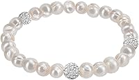 Savlano 8mm Cultured Freshwater White Pearl Crystal Bead Stretch Bracelet 7" for Women Girls w/ Gift Box