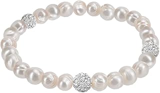 Savlano 8mm Cultured Freshwater White Pearl Crystal Bead Stretch Bracelet 7" for Women Girls w/ Gift Box