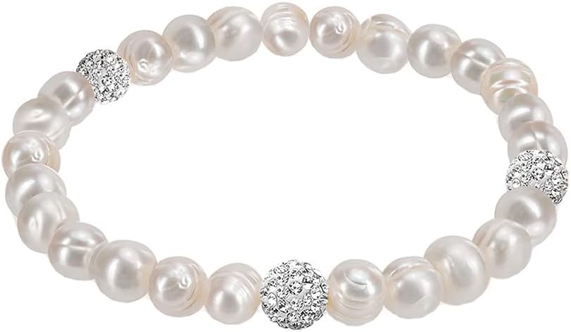 8MM Cultured Freshwater Natural White Pearl Crystal Bead Stretch Bracelet 7 inches for Women & Girls Comes with Gift Box